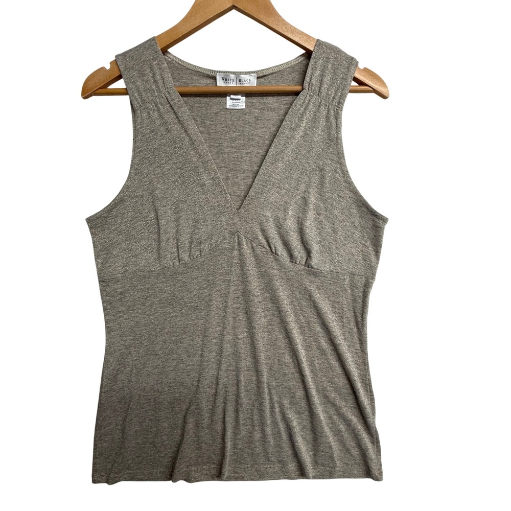 White House Black Market Gray Metallic Shimmer Tank Top L V Neck Stretch USA